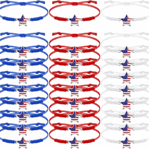 24 Pcs 4Th of July Bracelets Red White and Blue American Flag Star Woven Adjustable Bracelets Patriotic Party Favors USA Flag Jewelry for Women Independence Day Accessories Souvenirs Gifts