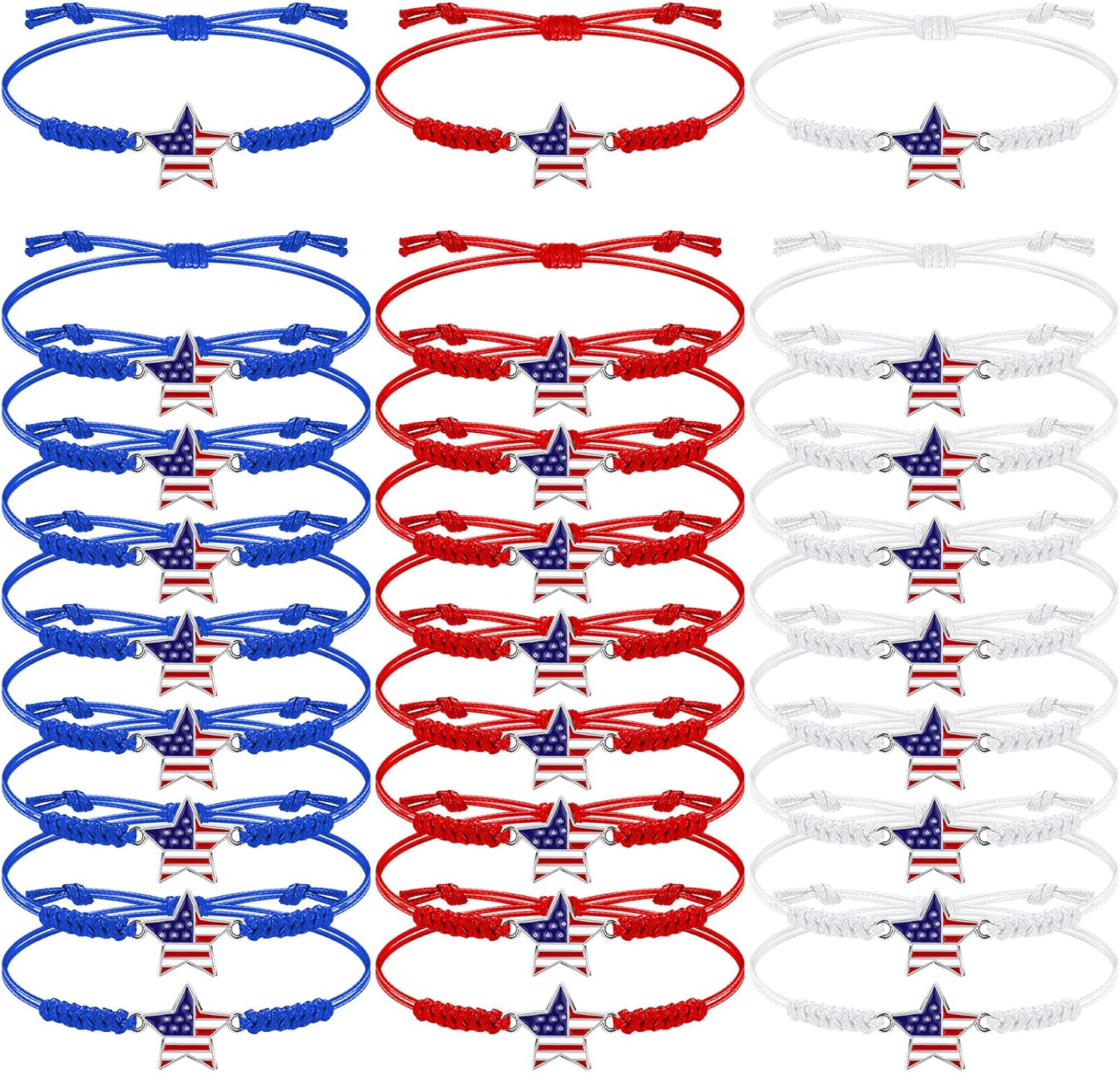 24 Pcs 4Th of July Bracelets Red White and Blue American Flag Star Woven Adjustable Bracelets Patriotic Party Favors USA Flag Jewelry for Women Independence Day Accessories Souvenirs Gifts