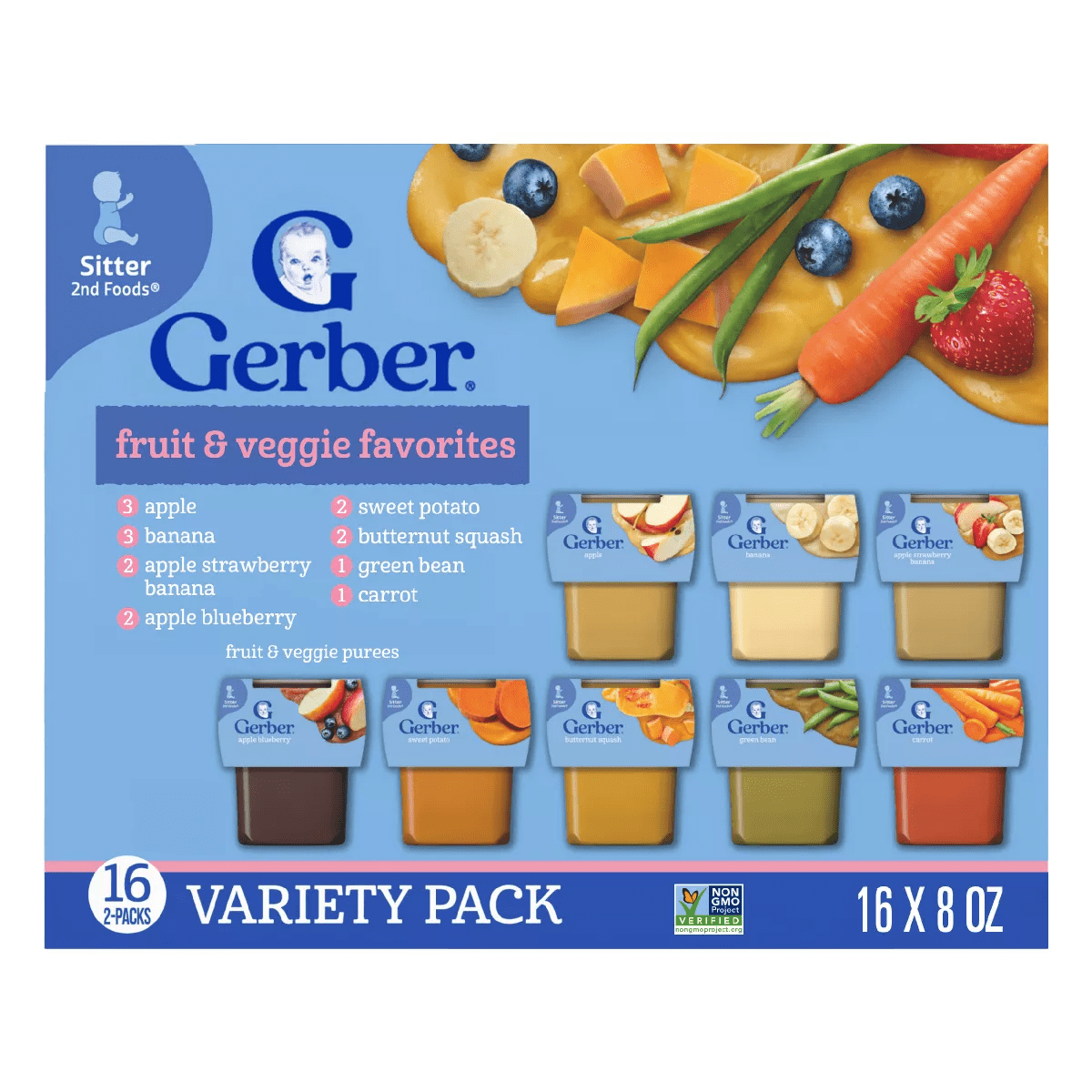 Gerber Baby Food Stage 2 Fruit & Veggie Puree Tubs 16 Variety Pack - 128Oz