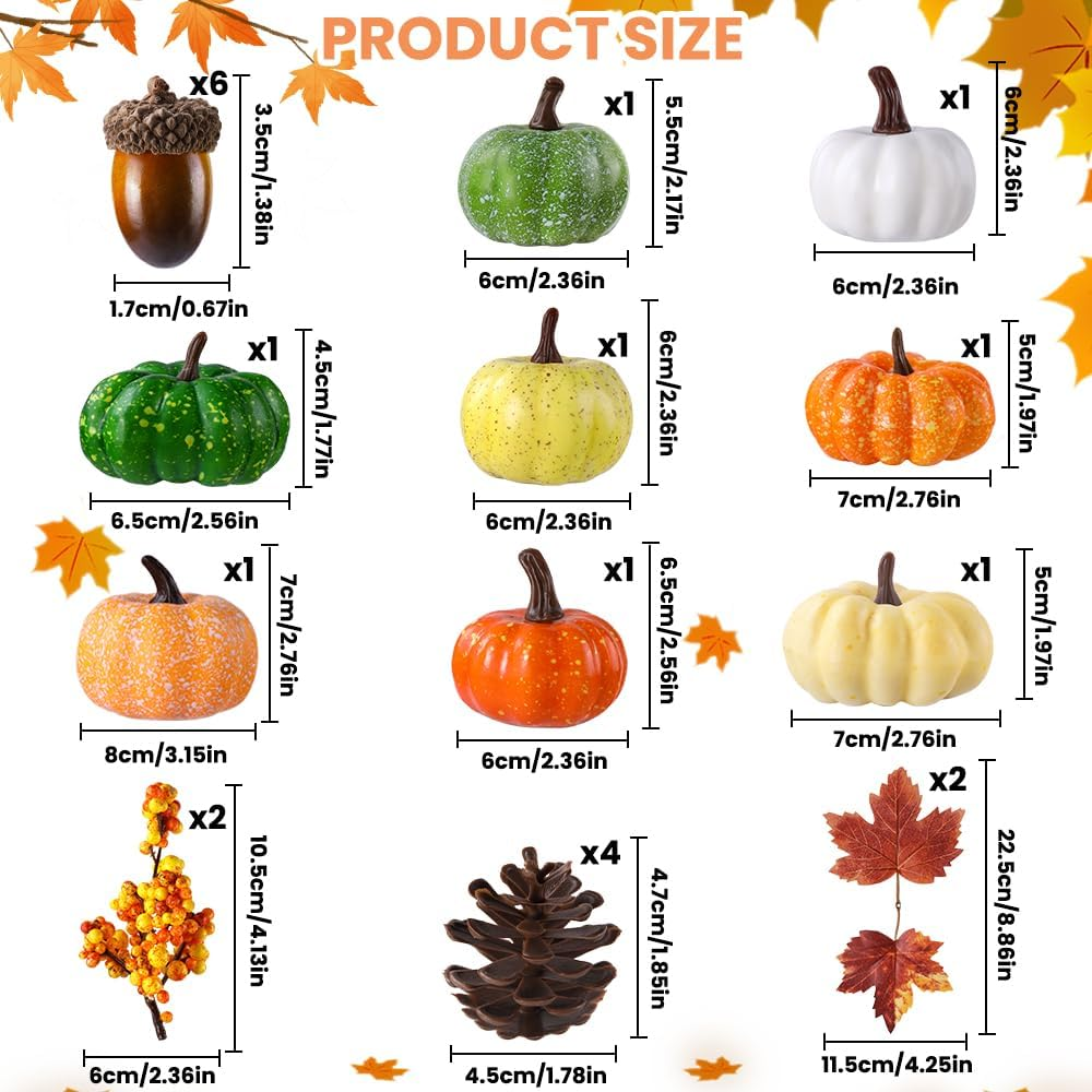 22Pcs Fall Mini Pumpkin Decorations Realistic Pumpkins Decor with Maple Leaves Plastic Pine Cones Acorns Berries Artificial Pumpkin for Thanksgiving Halloween Autumn Harvest Home Table Decor - Image 3