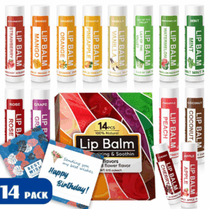 14 Pack Natural Lip Balm in Bulk with Vitamin E and Coconut Oil - Moisturizing, Soothing, and Repairing Dry and Chapped Lips Valentine'S Gift - 14 Flavors - Non-Gmo - with Greeting Card
