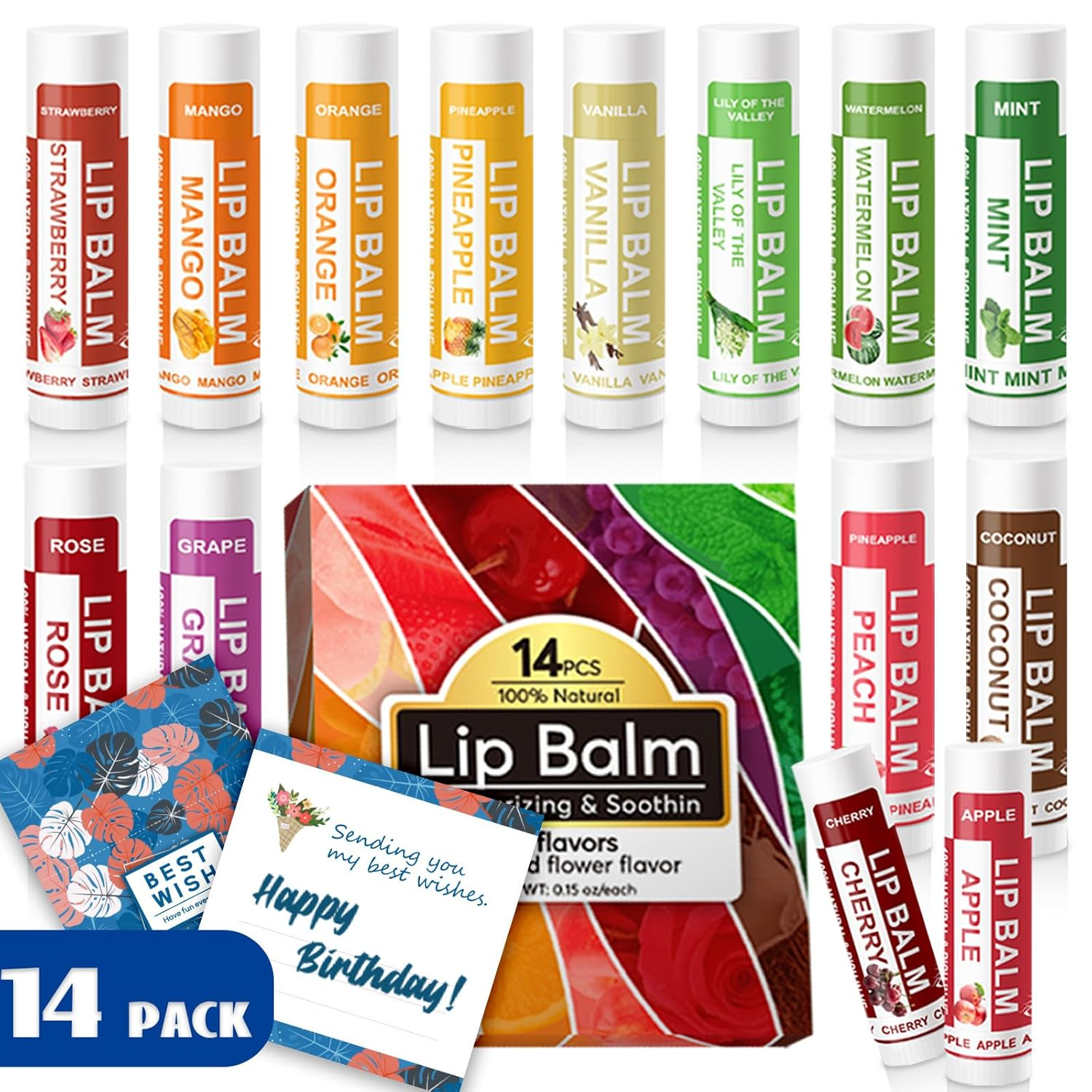 14 Pack Natural Lip Balm in Bulk with Vitamin E and Coconut Oil - Moisturizing, Soothing, and Repairing Dry and Chapped Lips Valentine'S Gift - 14 Flavors - Non-Gmo - with Greeting Card