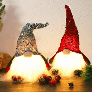 12" Lighted Christmas Gnome, Handmade Sequins Hat Scandinavian Swedish Tomte, Light up Plush Elf Toy Holiday Present, Battery Operated Winter Tabletop Christmas Decorations, 2 Set