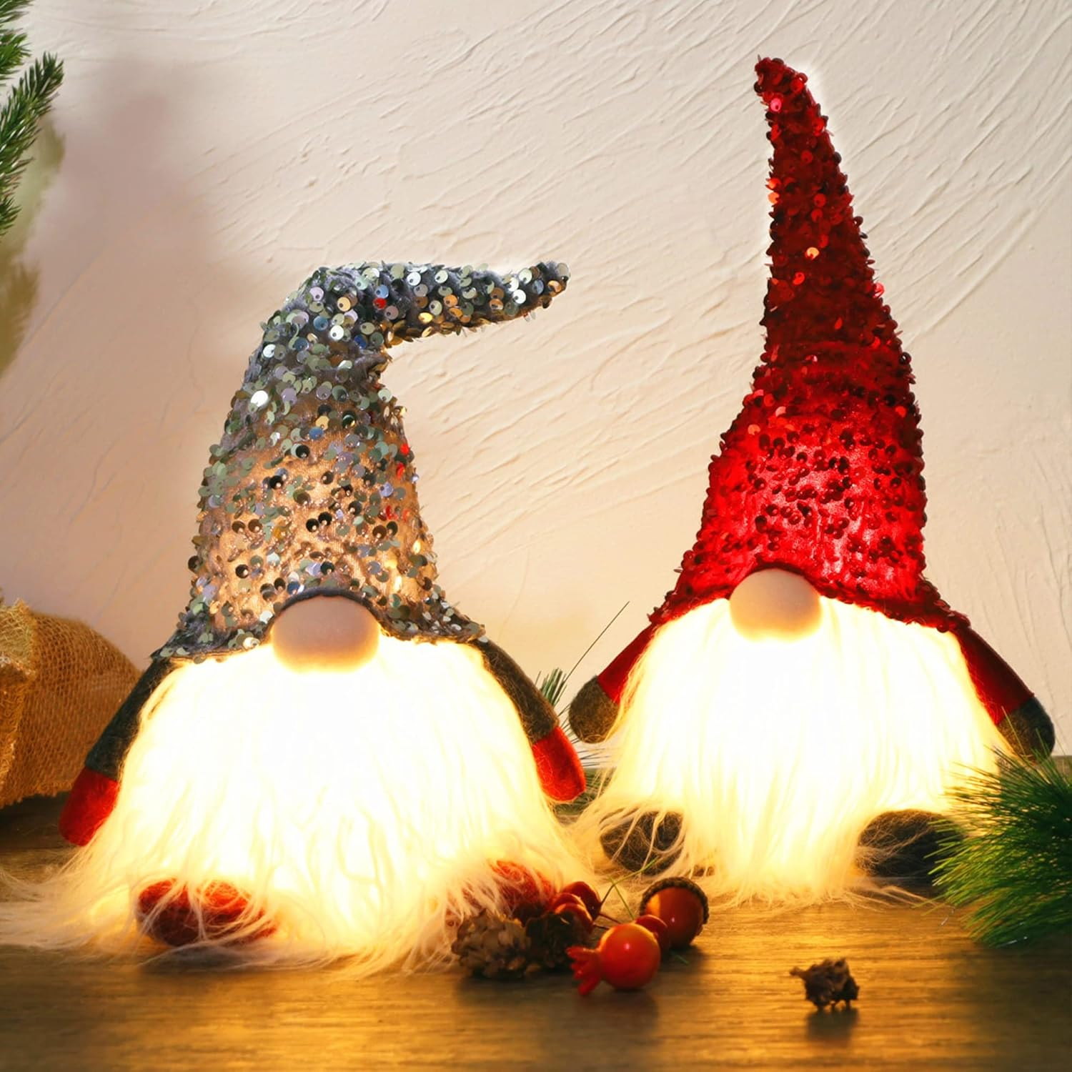 12" Lighted Christmas Gnome, Handmade Sequins Hat Scandinavian Swedish Tomte, Light up Plush Elf Toy Holiday Present, Battery Operated Winter Tabletop Christmas Decorations, 2 Set