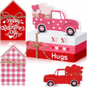 5-Piece Valentine'S Day Tiered Tray Decorations - 3 Faux Books Bundle with Twine, Red Truck & Heart Valentine House Sign - Table Decor for Bookshelf
