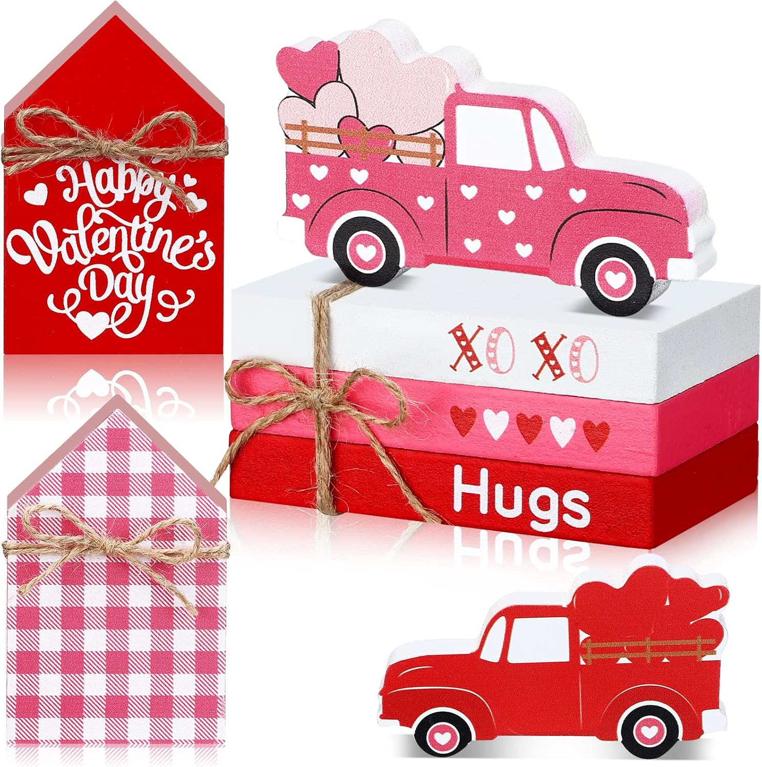 5-Piece Valentine'S Day Tiered Tray Decorations - 3 Faux Books Bundle with Twine, Red Truck & Heart Valentine House Sign - Table Decor for Bookshelf