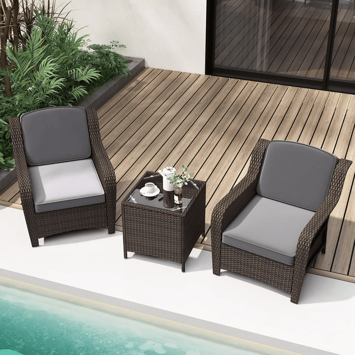 Costway 3 PCS Outdoor Patio Furniture Set with Cushions and Tempered Glass Coffee Table - Image 9