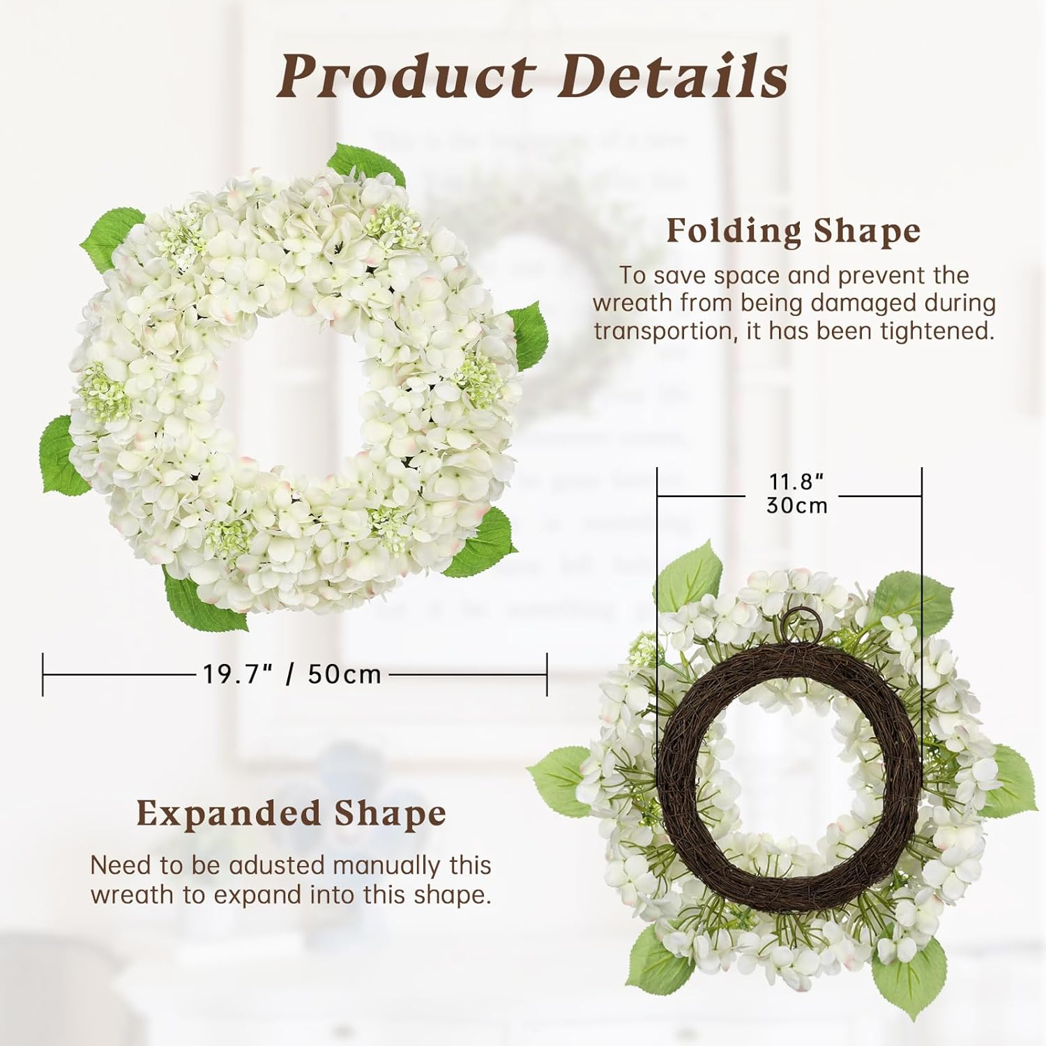 20 Inch Spring Summer Wreath for Front Door, Artificial White Hydrangea Flower Door Wreath Hydrangea Decor for Farmhouse All Year Indoor Outdoor Home Window Wall Front Porch - Image 3