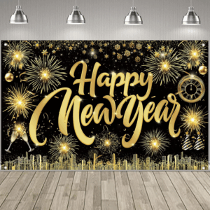 Happy New Year Fabric Sign Poster Banner Backdrop with Pattern Firework Champagne for Photo Booth Background New Year Party Decorations Supplies