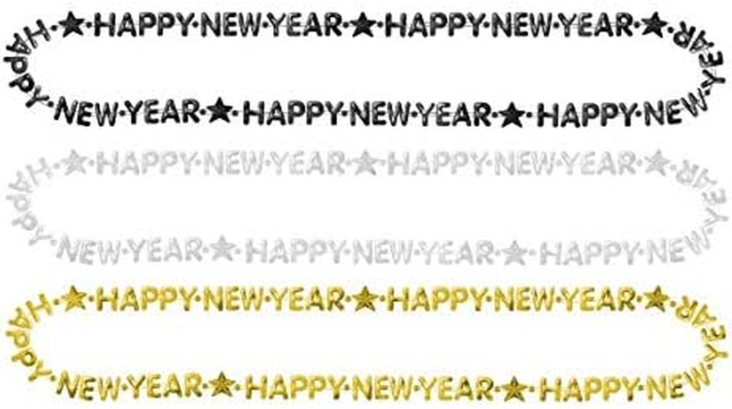 Stunning Happy New Year Metallic Plastic Bead Necklaces - 32" (Pack of 3) | Festive Black, Silver, Gold Accessory, Perfect for Party Celebrations