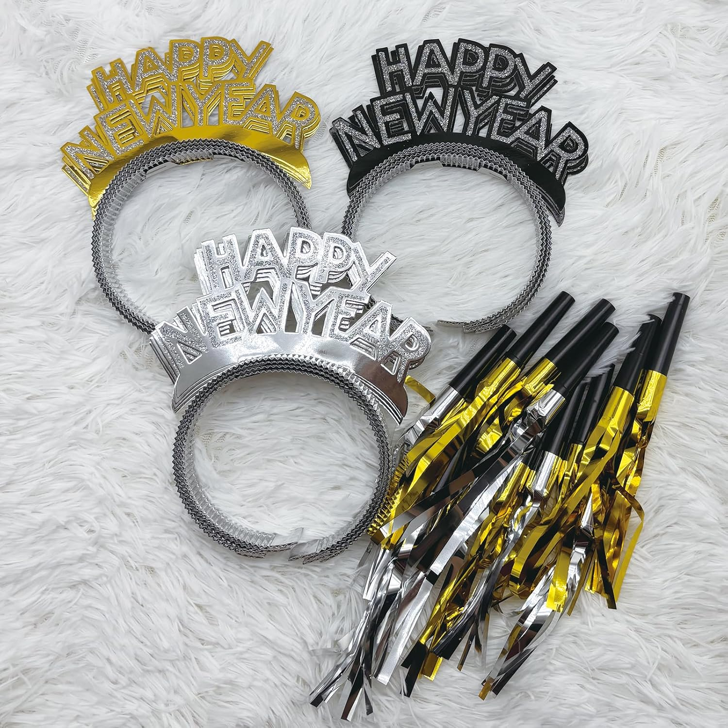 24 Pieces New Years Eve Party Supplies 2026,Happy New Year Headband Tiara,Metallic Fringed Noise Makers Gold Sliver for Kids and Adults - Image 7