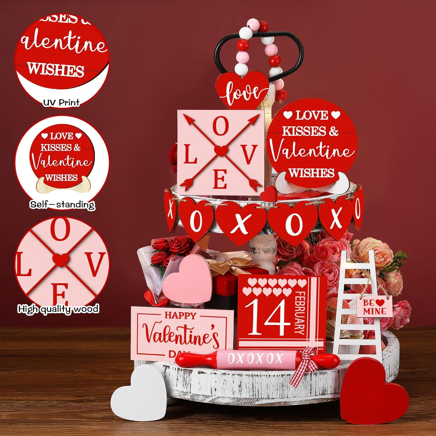 15 Pcs Tiered Tray Decor Set Red Heart Wooden Signs Table Decorations Farmhouse Decorative Trays Signs for Tabletop(Red, Pink) - Image 5