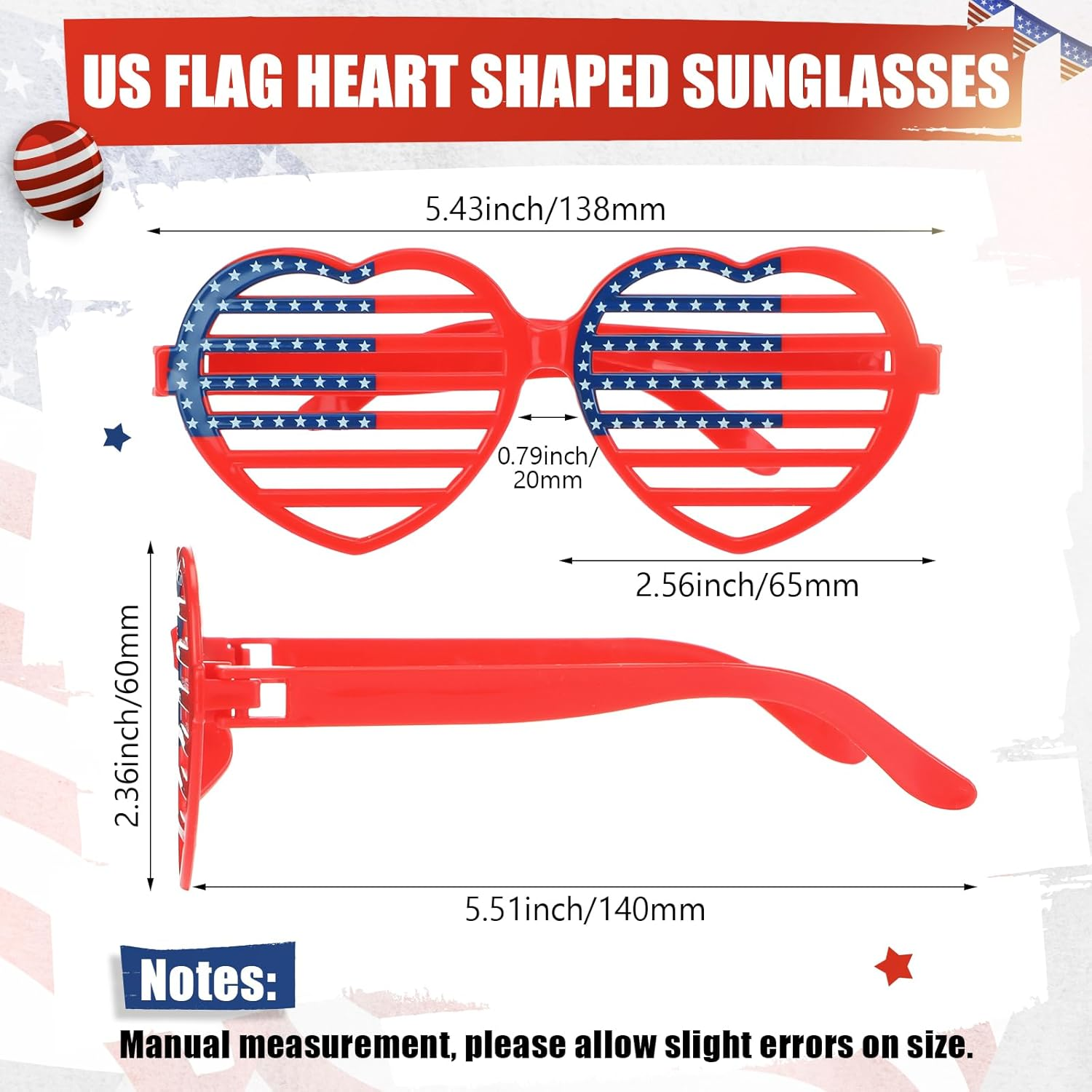 28 Pcs Patriotic Glasses American Flag Shutter Glasses Plastic Heart Shaped Sunglasses USA Independence Day Party Favors, Patriotic Decorations Red White and Blue Sunglasses - Image 3