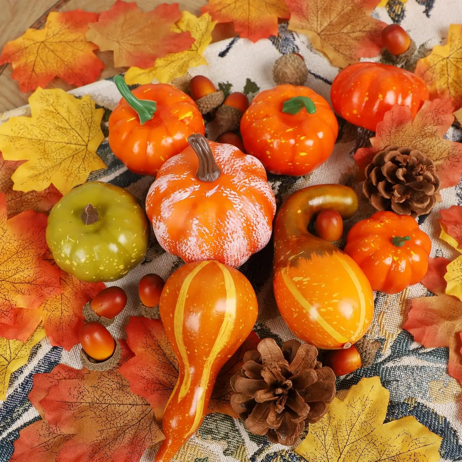 Fall Decorations for Home-6Pcs Mini Pumpkins & 2Pcs Gourds, 30Pcs Leaves & 10Pcs Acorns, 2Pcs Pinecones Centerpiece Set -Thanksgiving Harvest Decor for Table Mantel (Largest: 4.5" X 2.1") - Image 3