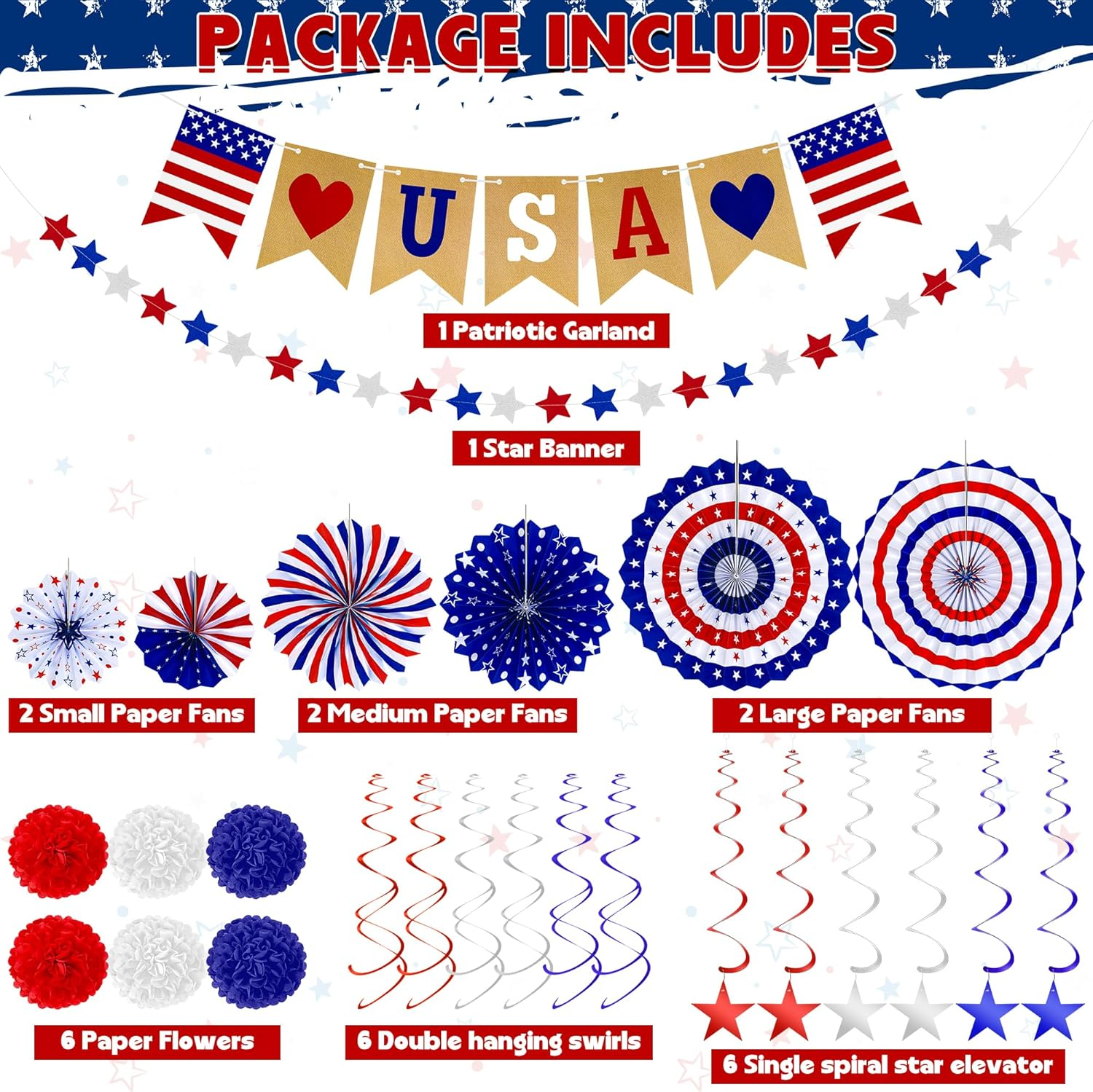 26 PCS 4Th of July Decorations, Red White Blue Paper Fans in Patriotic Designs, 4Th of July Banner Pompom Star Garland and Hanging Swirls Set for Fourth of July Independence Day Party Supplies Decor - Image 3
