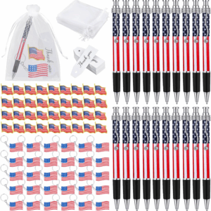250 Pcs Veterans Day Style American Flag Lapel Pins Ballpoint Pen Black Independence Day Flag Keychains Thank You Card Organza Gift Bag for Home Office School 4Th of July Party Supplies