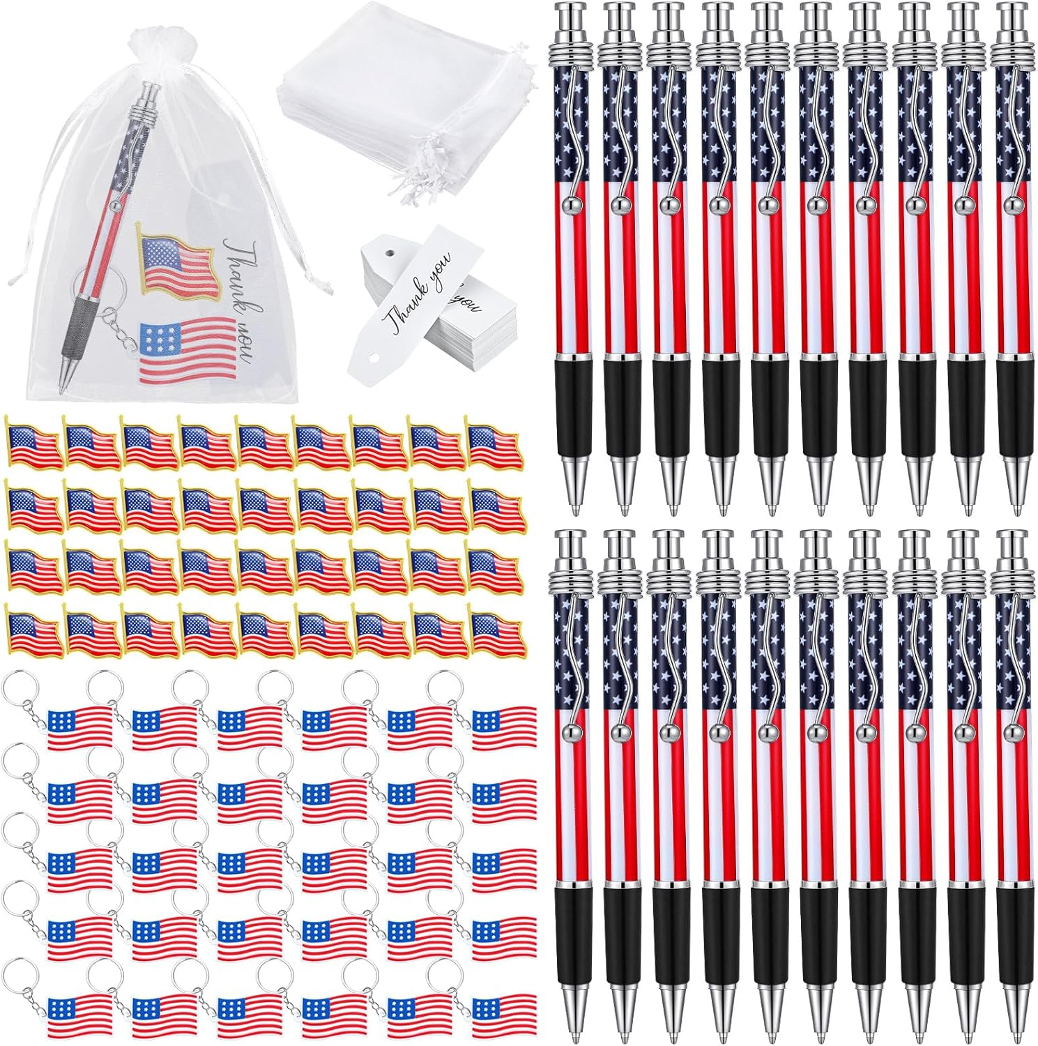 250 Pcs Veterans Day Style American Flag Lapel Pins Ballpoint Pen Black Independence Day Flag Keychains Thank You Card Organza Gift Bag for Home Office School 4Th of July Party Supplies