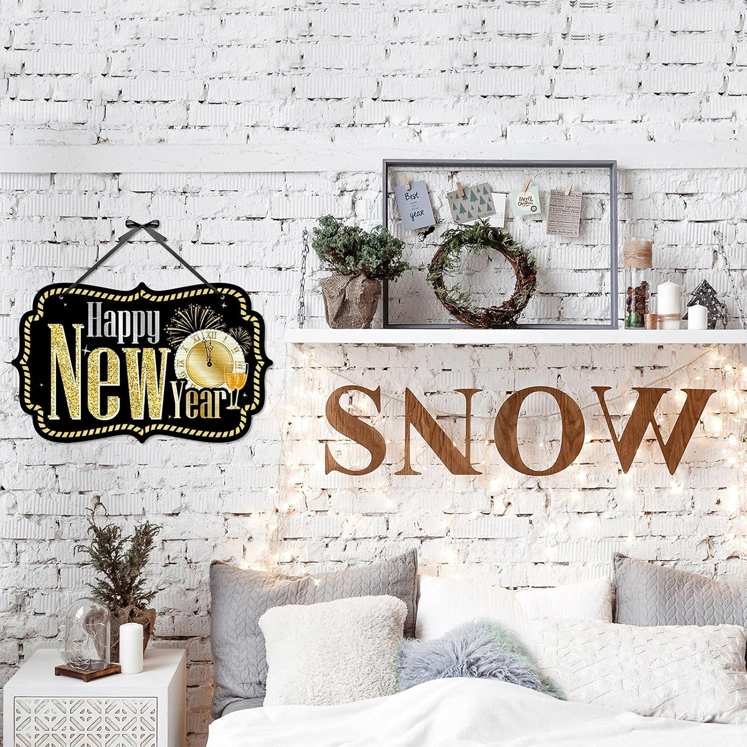 3 Pieces Glitter Happy New Year Sign 2025 Wooden New Year Hanging Sign Black Gold Party Decorations Eve Party Supplies with 6 Pieces Black Ribbon(Elegant Style) - Image 6