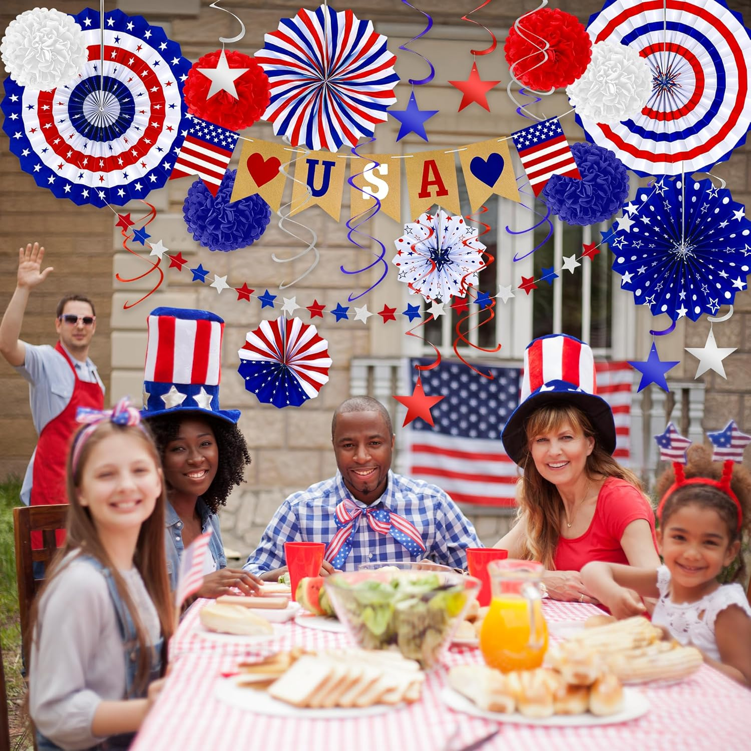 26 PCS 4Th of July Decorations, Red White Blue Paper Fans in Patriotic Designs, 4Th of July Banner Pompom Star Garland and Hanging Swirls Set for Fourth of July Independence Day Party Supplies Decor - Image 7