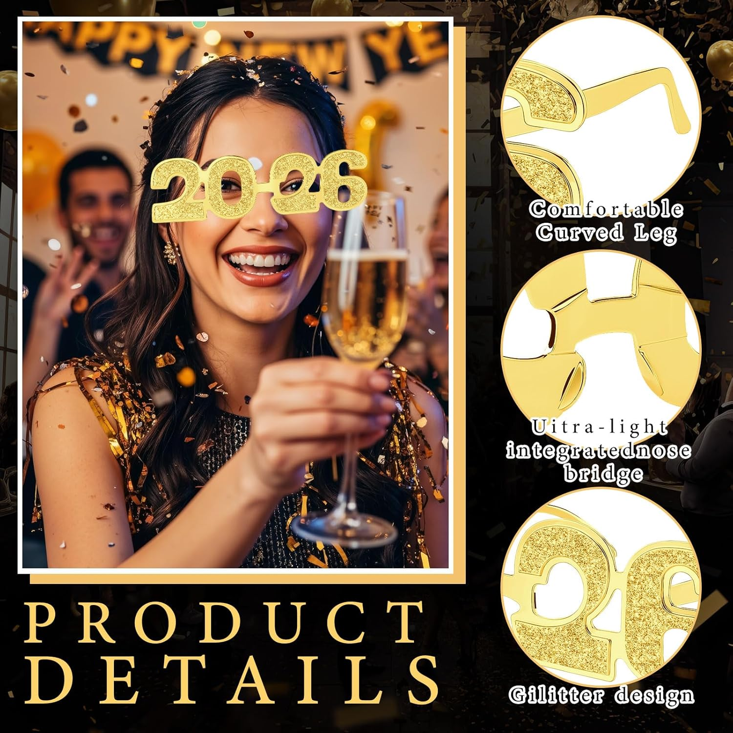 2026 Number Glasses Happy New Year Plastic Eyeglasses for 2026 Party New Year Eve Costume Photo Prop Supplies(Gold,Glitter) - Image 3