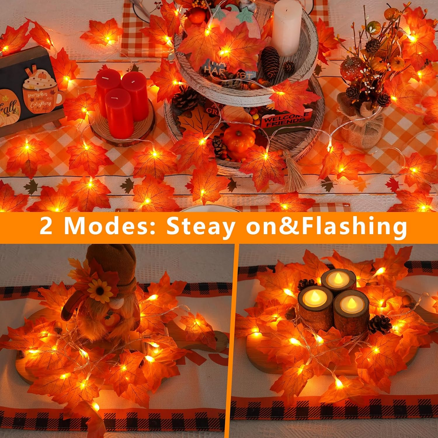 2 Packs Fall Decorations for Home, Thanksgiving Lights Battery Operated, Total 20Ft 40 LED Lighted Fall Garland Maple Leaves for Holiday Autumn Harvest Fall Thanksgiving Halloween Decor - Image 4