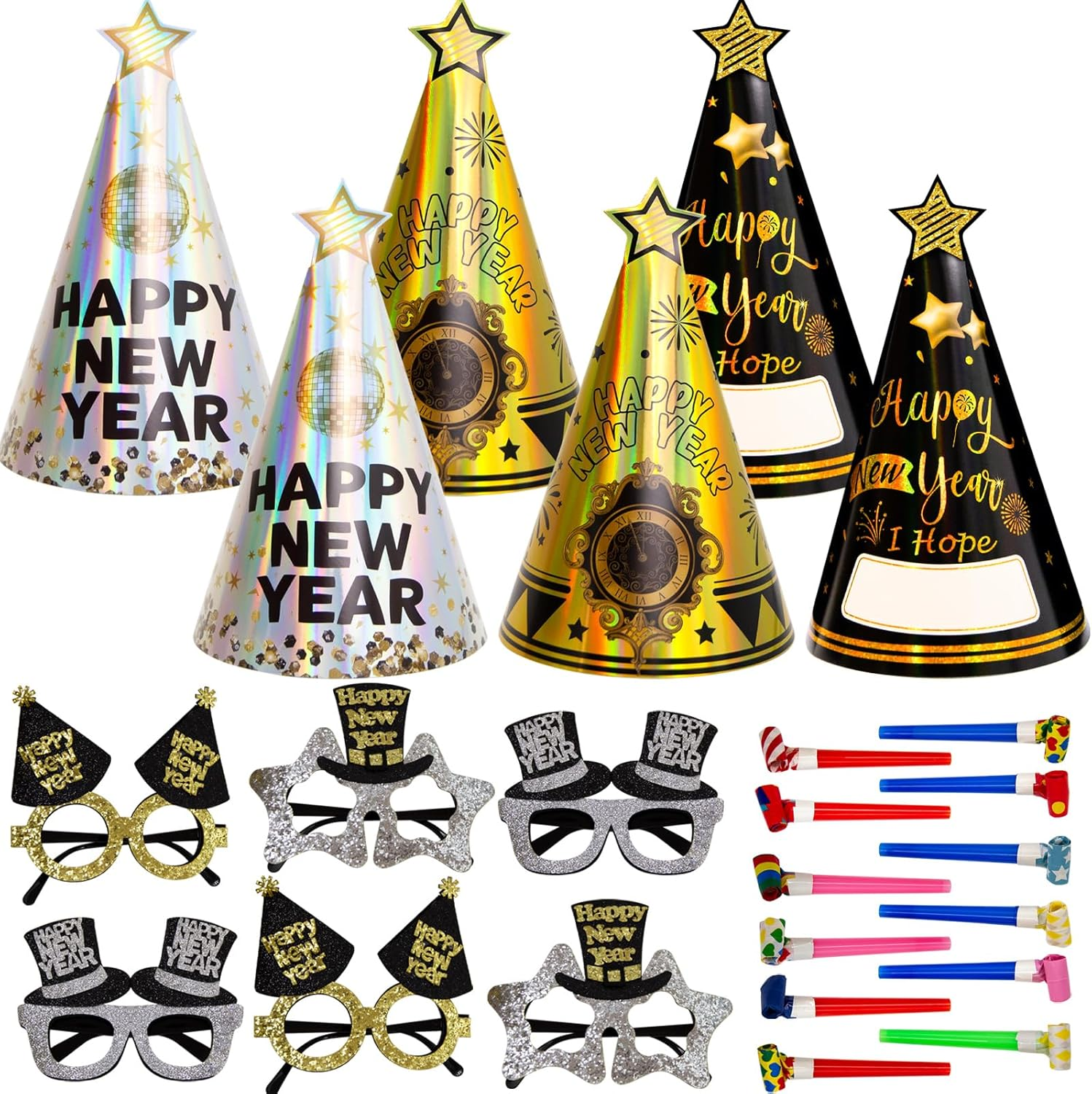 Happy New Years Eve Party Supplies 2026 Party Favors 12 Hats 6 Felt Plastic Frame Glitter Glasses 12 Blowouts New Year Decorations NYE Party Favors Squawkers Noisemakers - Image 9