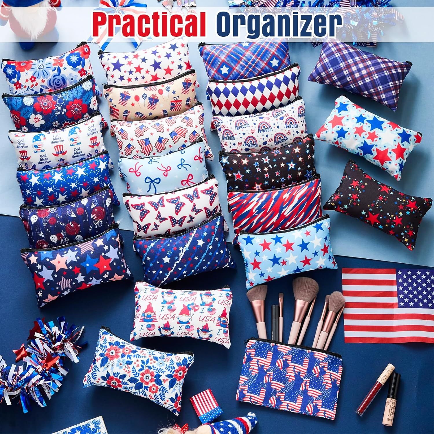 24 Pcs Patriotic Cosmetic Bags 4Th of July Makeup Bags Toiletry Pouch with Zipper Travel Cosmetic Organizer for Independence Day Gift Women Girls 24 Styles - Image 5