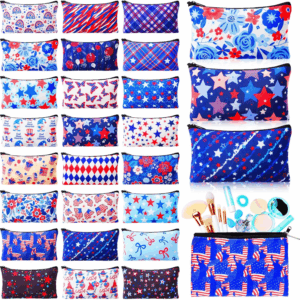 24 Pcs Patriotic Cosmetic Bags 4Th of July Makeup Bags Toiletry Pouch with Zipper Travel Cosmetic Organizer for Independence Day Gift Women Girls 24 Styles