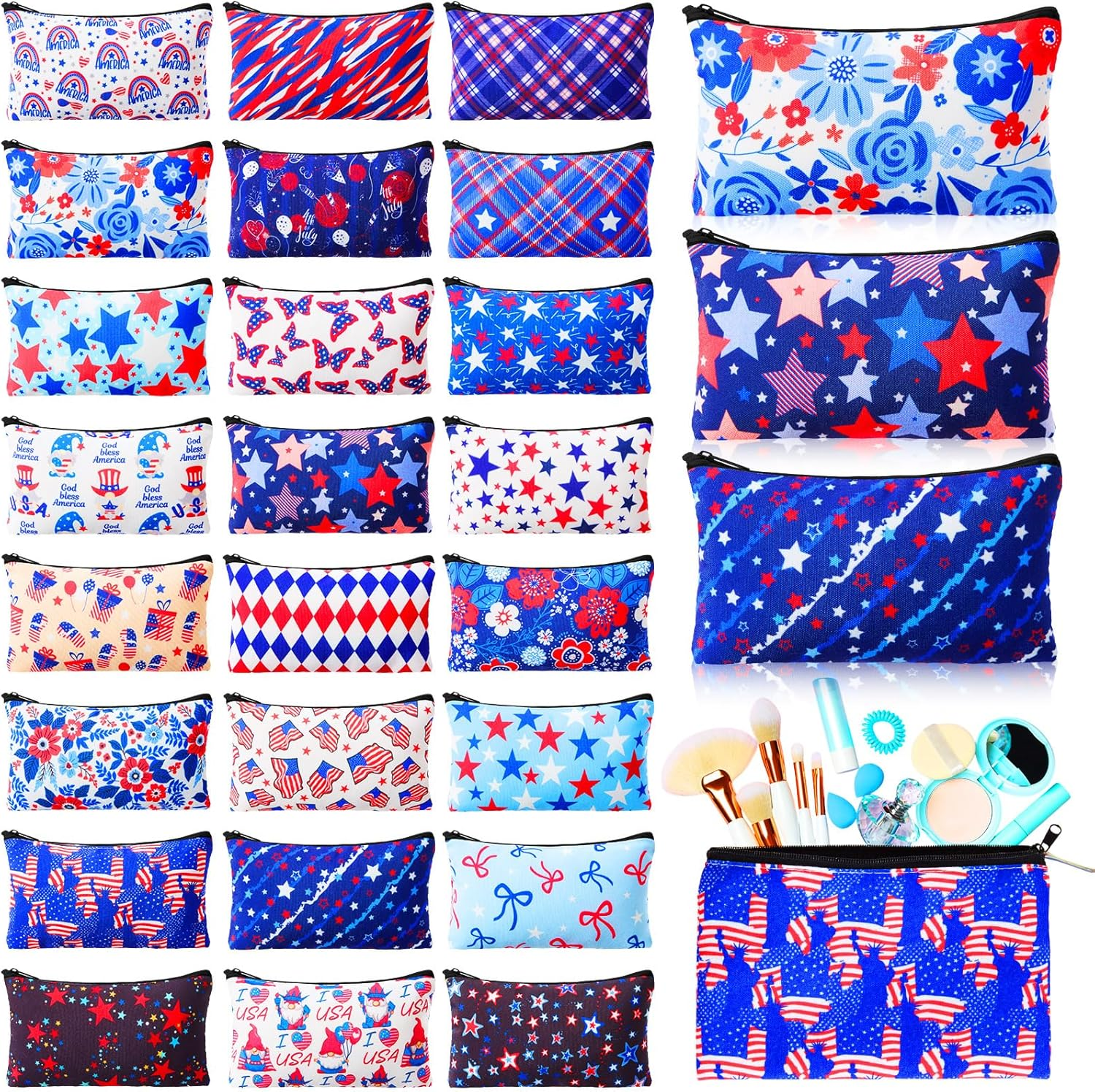 24 Pcs Patriotic Cosmetic Bags 4Th of July Makeup Bags Toiletry Pouch with Zipper Travel Cosmetic Organizer for Independence Day Gift Women Girls 24 Styles