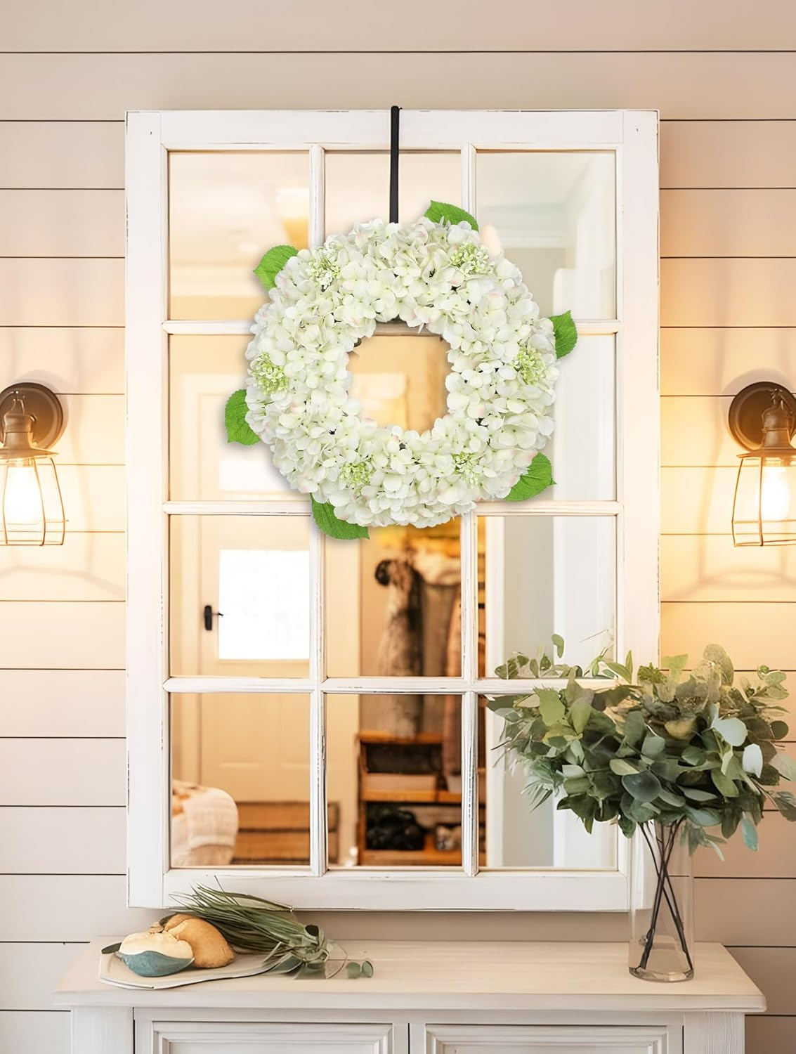 20 Inch Spring Summer Wreath for Front Door, Artificial White Hydrangea Flower Door Wreath Hydrangea Decor for Farmhouse All Year Indoor Outdoor Home Window Wall Front Porch - Image 5