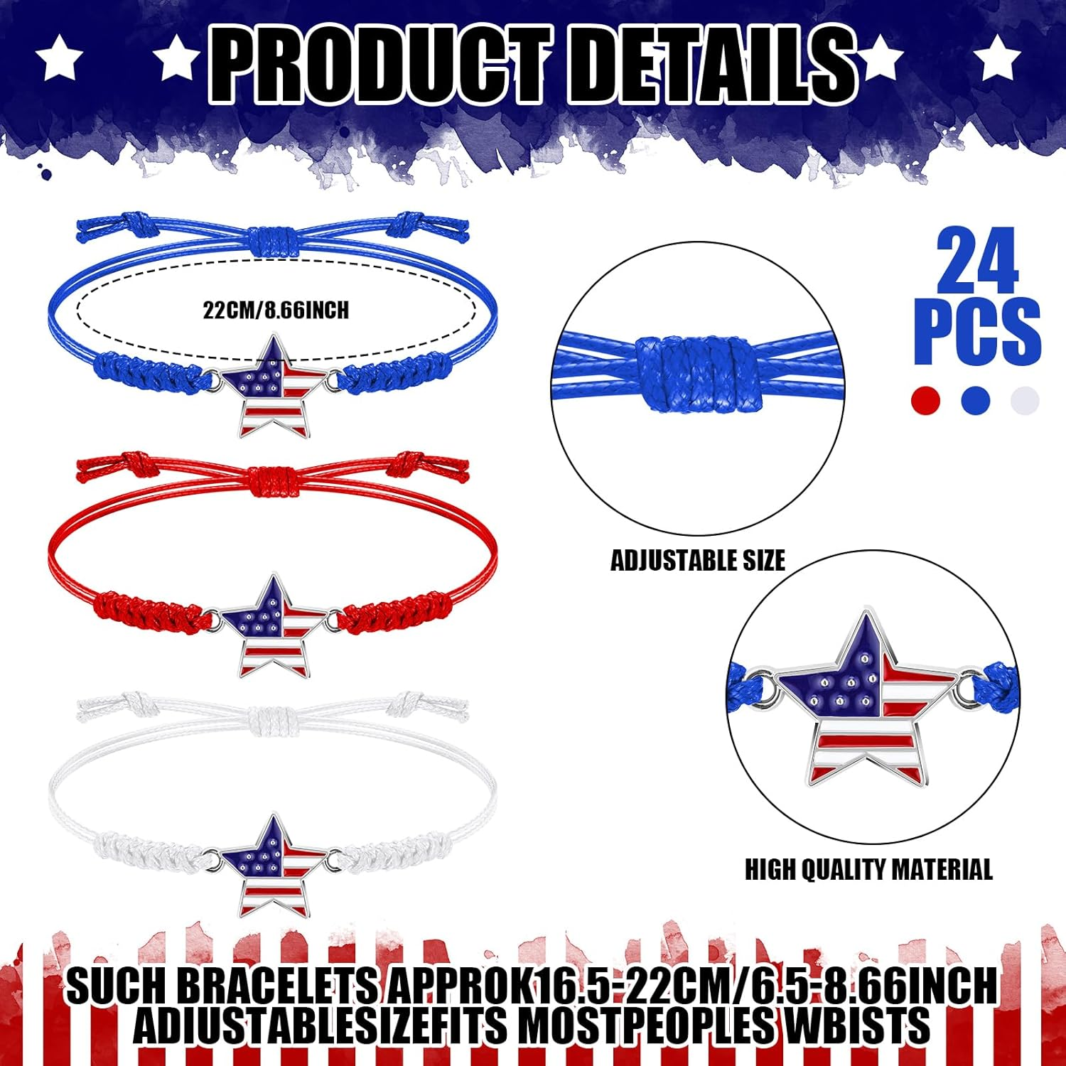 24 Pcs 4Th of July Bracelets Red White and Blue American Flag Star Woven Adjustable Bracelets Patriotic Party Favors USA Flag Jewelry for Women Independence Day Accessories Souvenirs Gifts - Image 2