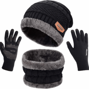Winter Knit Beanie Hat Neck Warmer Scarf and Touch Screen Gloves Set 3 Pcs Fleece Lined Skull Cap for Men Women