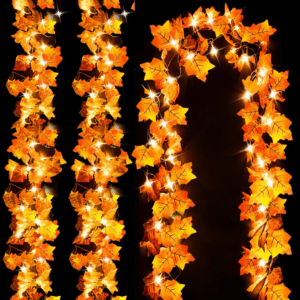 Fall Decor 3-Pack Fall Leaf Garland with Lights, Total 24.6Ft 60 LED Halloween String Lights, Thanksgiving Decorations for Home Holiday Autumn Indoor Friendsgiving Gift