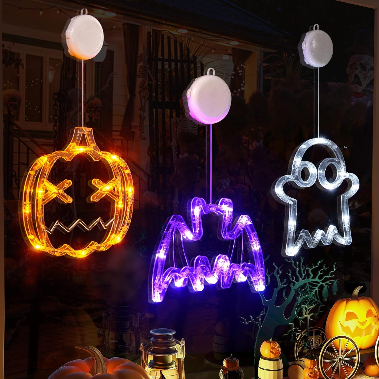 Halloween Lights Decorations 2025 3-Pack Orange Pumpkin White Ghost Purple Bat Window Lights with Suction Cups, Battery Operated Halloween LED Lights Window Decor Slow Fade Mode and Timer - Image 8