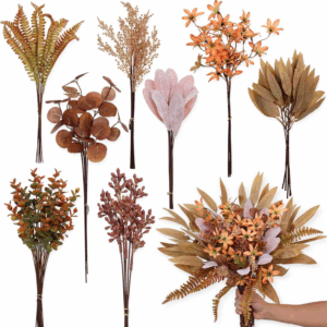 Artificial Greenery Stems Box Set for Fall Decorations，70 Pcs with 8 Kinds of Faux Eucalyptus Branches for Autumn Wedding DIY Bouquets Floral Arrangement Table Centerpieces (Brown & Orange)