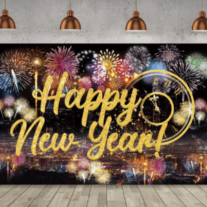 Happy New Year Fabric Sign Poster Backdrop with Fireworks for New Year Photo Booth Background Party Decoration