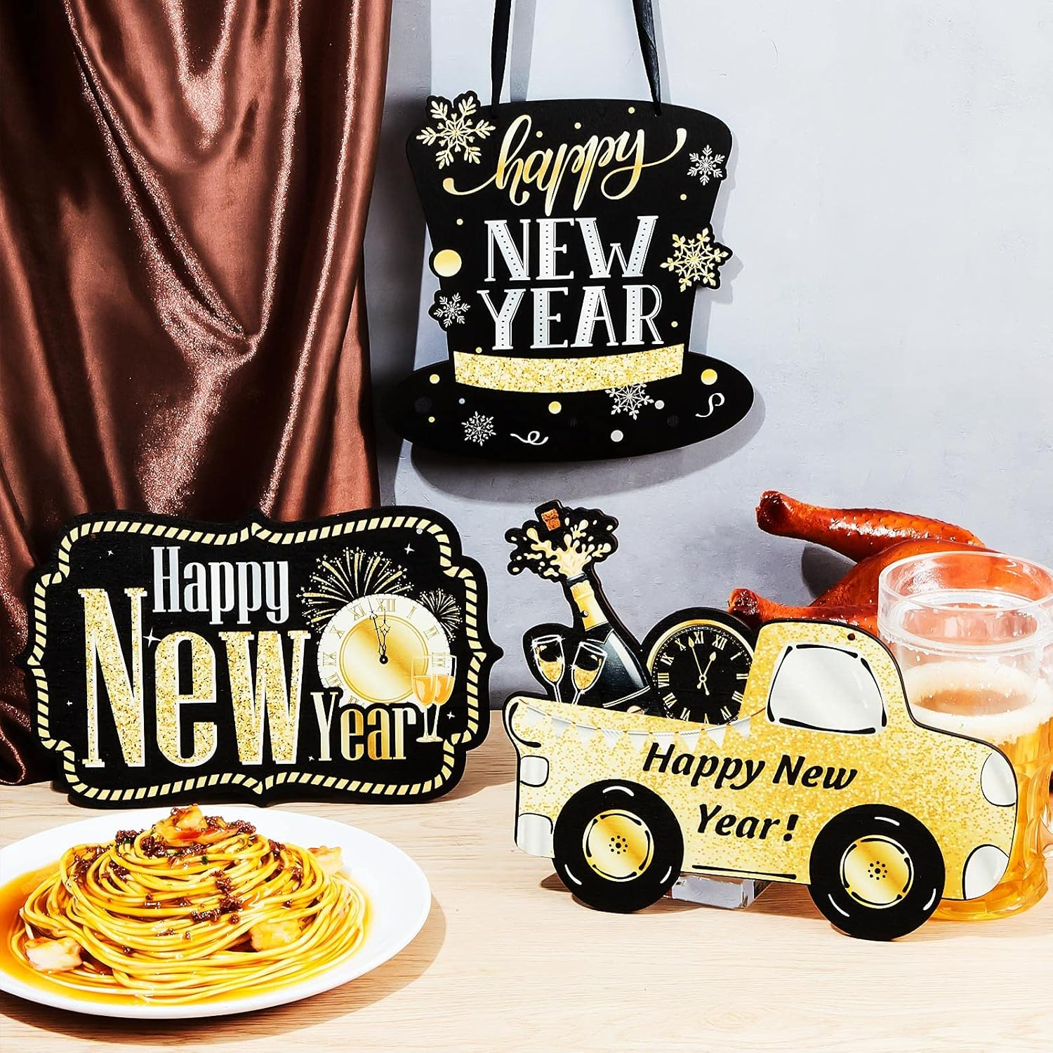 3 Pieces Glitter Happy New Year Sign 2025 Wooden New Year Hanging Sign Black Gold Party Decorations Eve Party Supplies with 6 Pieces Black Ribbon(Elegant Style) - Image 4