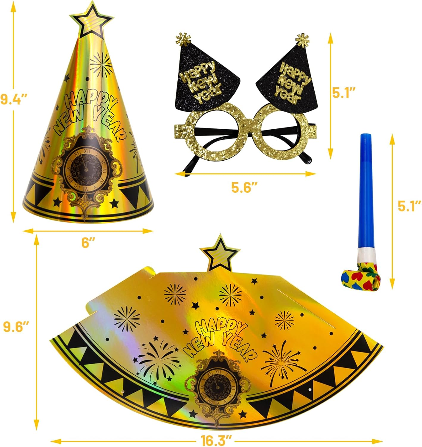 Happy New Years Eve Party Supplies 2026 Party Favors 12 Hats 6 Felt Plastic Frame Glitter Glasses 12 Blowouts New Year Decorations NYE Party Favors Squawkers Noisemakers - Image 3