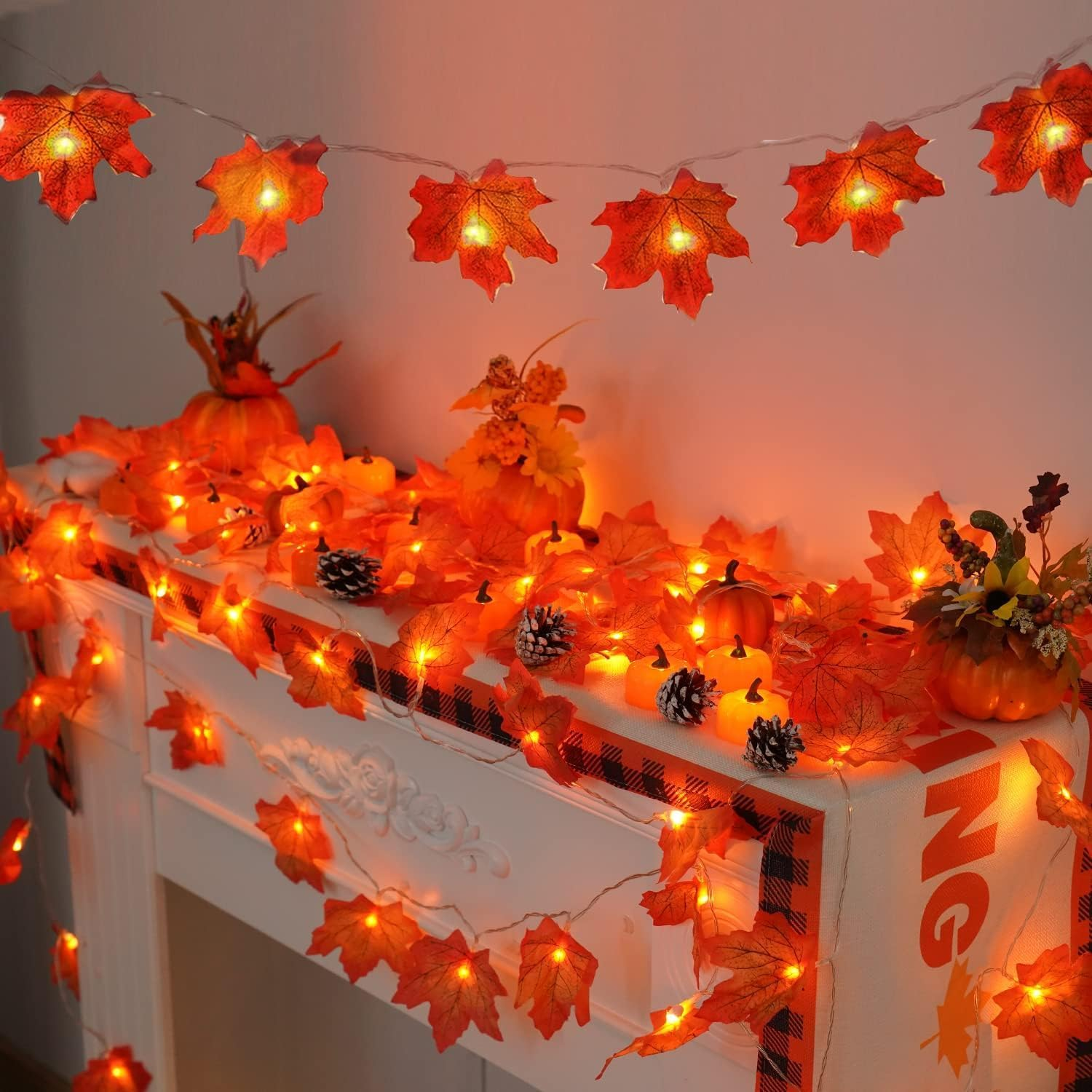 2 Packs Fall Decorations for Home, Thanksgiving Lights Battery Operated, Total 20Ft 40 LED Lighted Fall Garland Maple Leaves for Holiday Autumn Harvest Fall Thanksgiving Halloween Decor