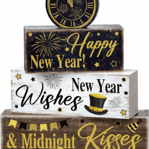 4 Pcs New Year Decoration Eve Party Supplies 2026 Gold Black Tiered Tray Decor Happy New Year Centerpiece Rustic Decorative Clock Block Signs Gift Christmas Decor for Home Eve Party Decoration