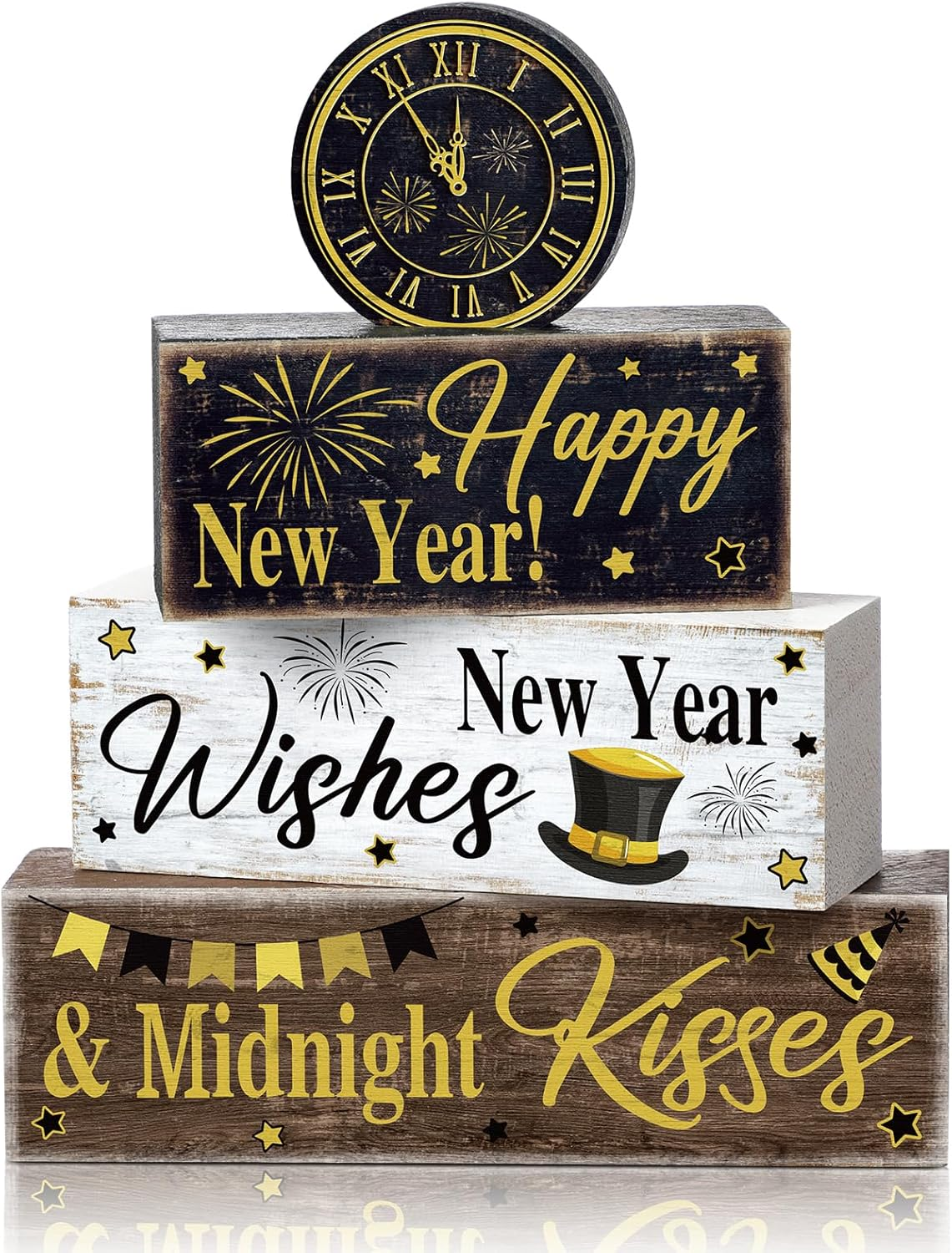 4 Pcs New Year Decoration Eve Party Supplies 2026 Gold Black Tiered Tray Decor Happy New Year Centerpiece Rustic Decorative Clock Block Signs Gift Christmas Decor for Home Eve Party Decoration