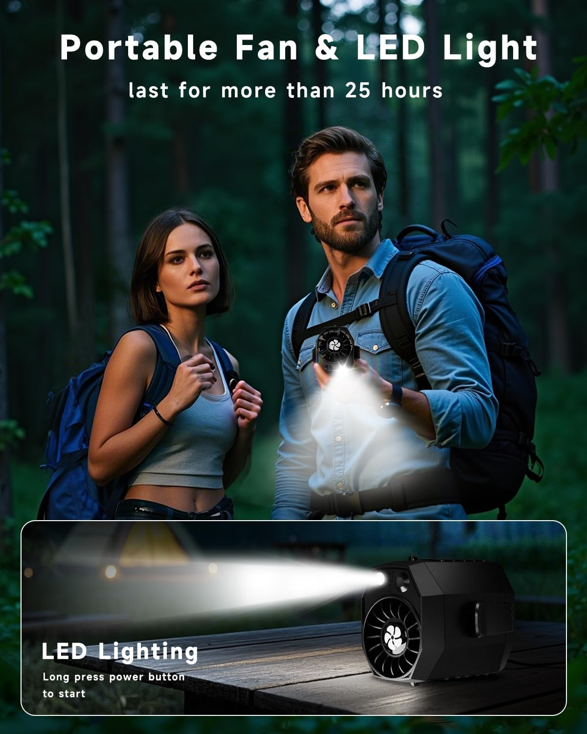 2025 Smart Portable Rechargeable Fan with LED Light & 25H Runtime, 4-Speed 9200RPM Turbo Cooling Personal Waist Fan, Wearable Neck & Belt Clip for Camping, Outdoor, Hiking - Black - Image 3