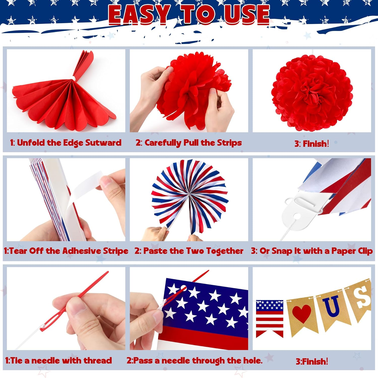 26 PCS 4Th of July Decorations, Red White Blue Paper Fans in Patriotic Designs, 4Th of July Banner Pompom Star Garland and Hanging Swirls Set for Fourth of July Independence Day Party Supplies Decor - Image 4