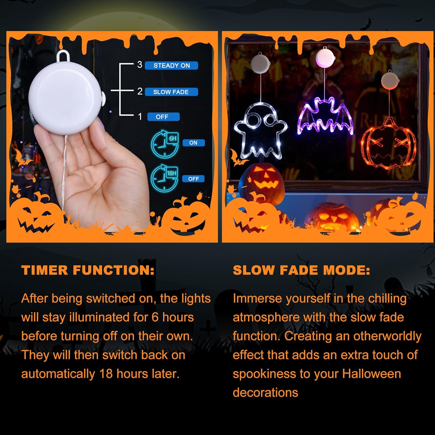 Halloween Lights Decorations 2025 3-Pack Orange Pumpkin White Ghost Purple Bat Window Lights with Suction Cups, Battery Operated Halloween LED Lights Window Decor Slow Fade Mode and Timer - Image 3
