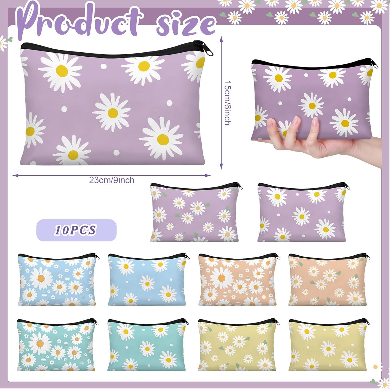 10 Pcs Makeup Bags Bulk for Women Daisy Small Zipper Pouch Purse Canvas Cosmetic Bag Mini Pouch Gift for Housekeeping Week Employee Thanksgiving Christmas Teacher Mom Travel Storage Organizer - Image 2