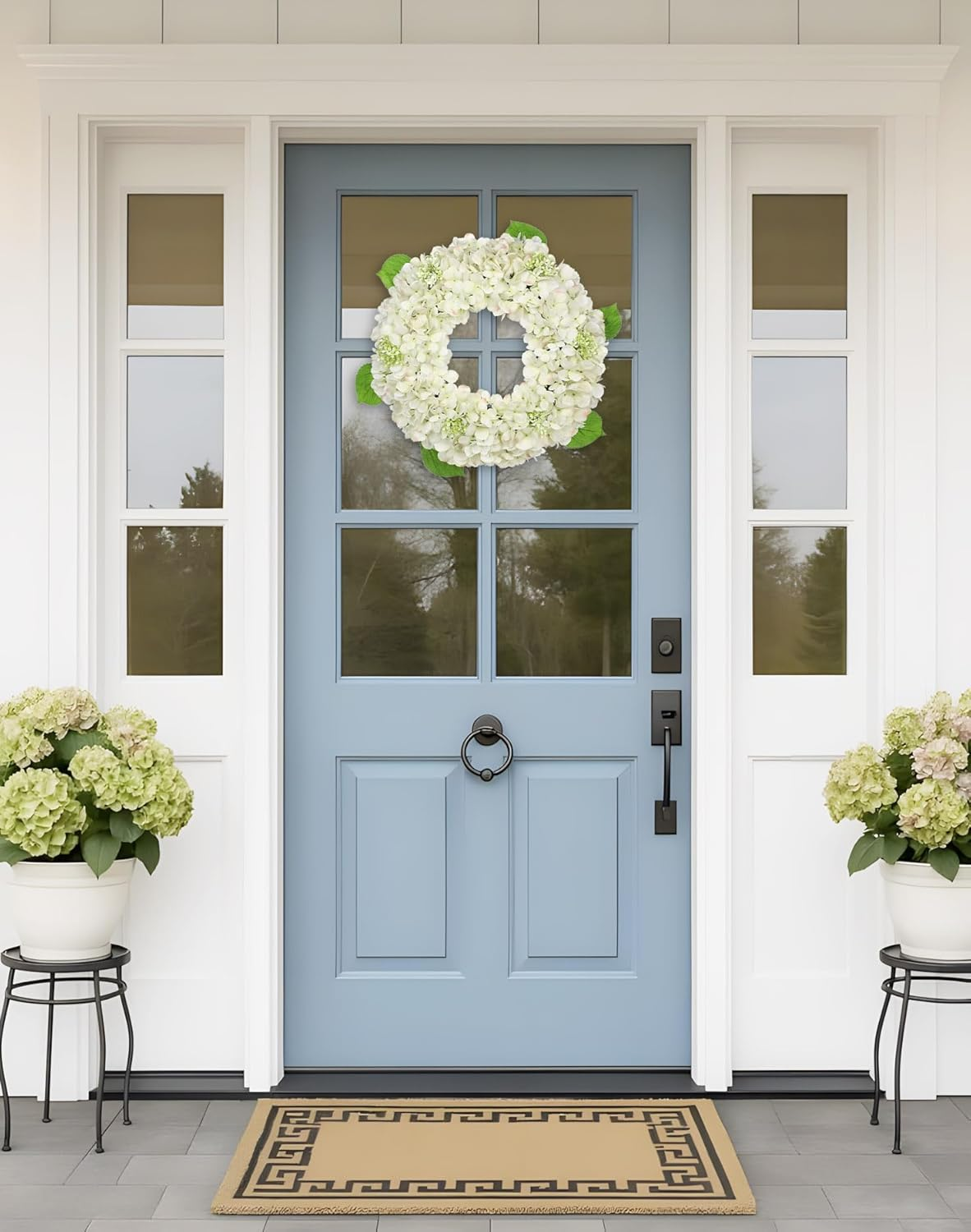 20 Inch Spring Summer Wreath for Front Door, Artificial White Hydrangea Flower Door Wreath Hydrangea Decor for Farmhouse All Year Indoor Outdoor Home Window Wall Front Porch - Image 4