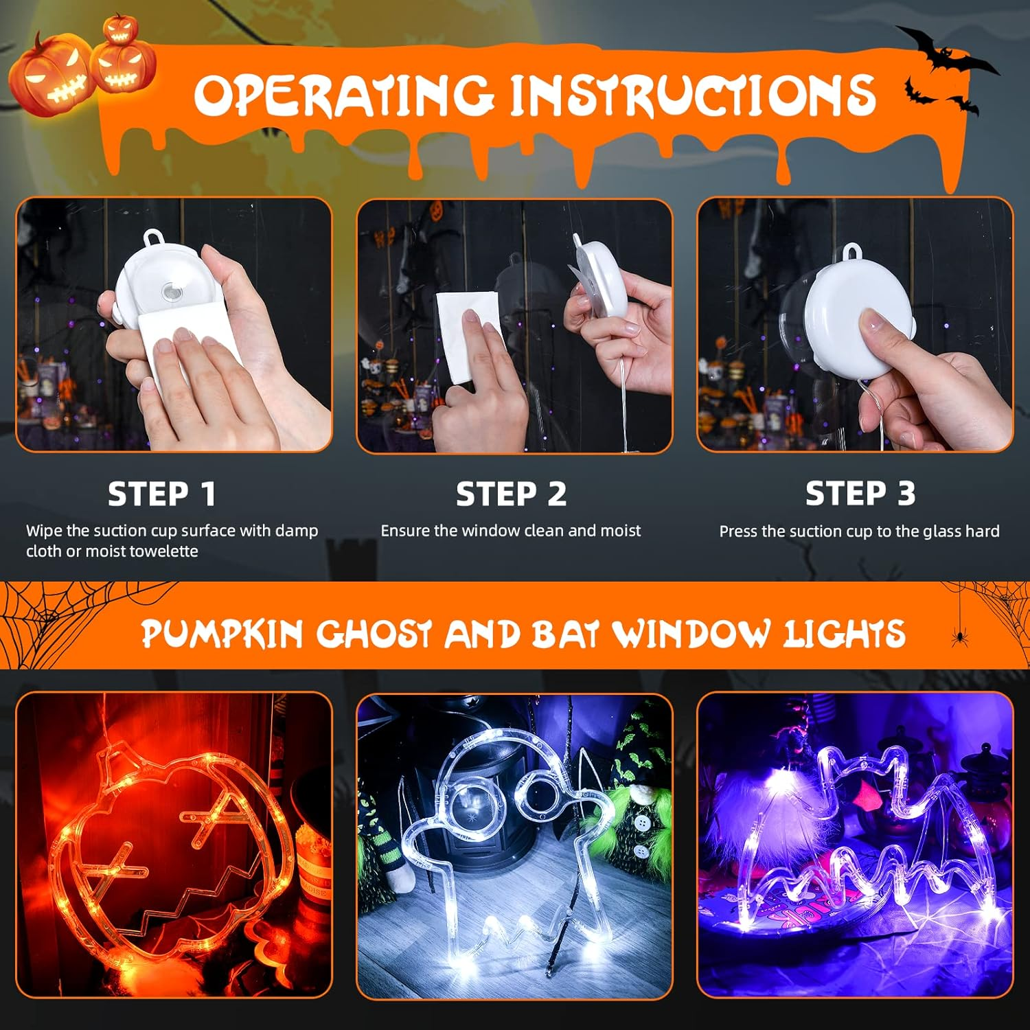 Halloween Lights Decorations 2025 3-Pack Orange Pumpkin White Ghost Purple Bat Window Lights with Suction Cups, Battery Operated Halloween LED Lights Window Decor Slow Fade Mode and Timer - Image 7