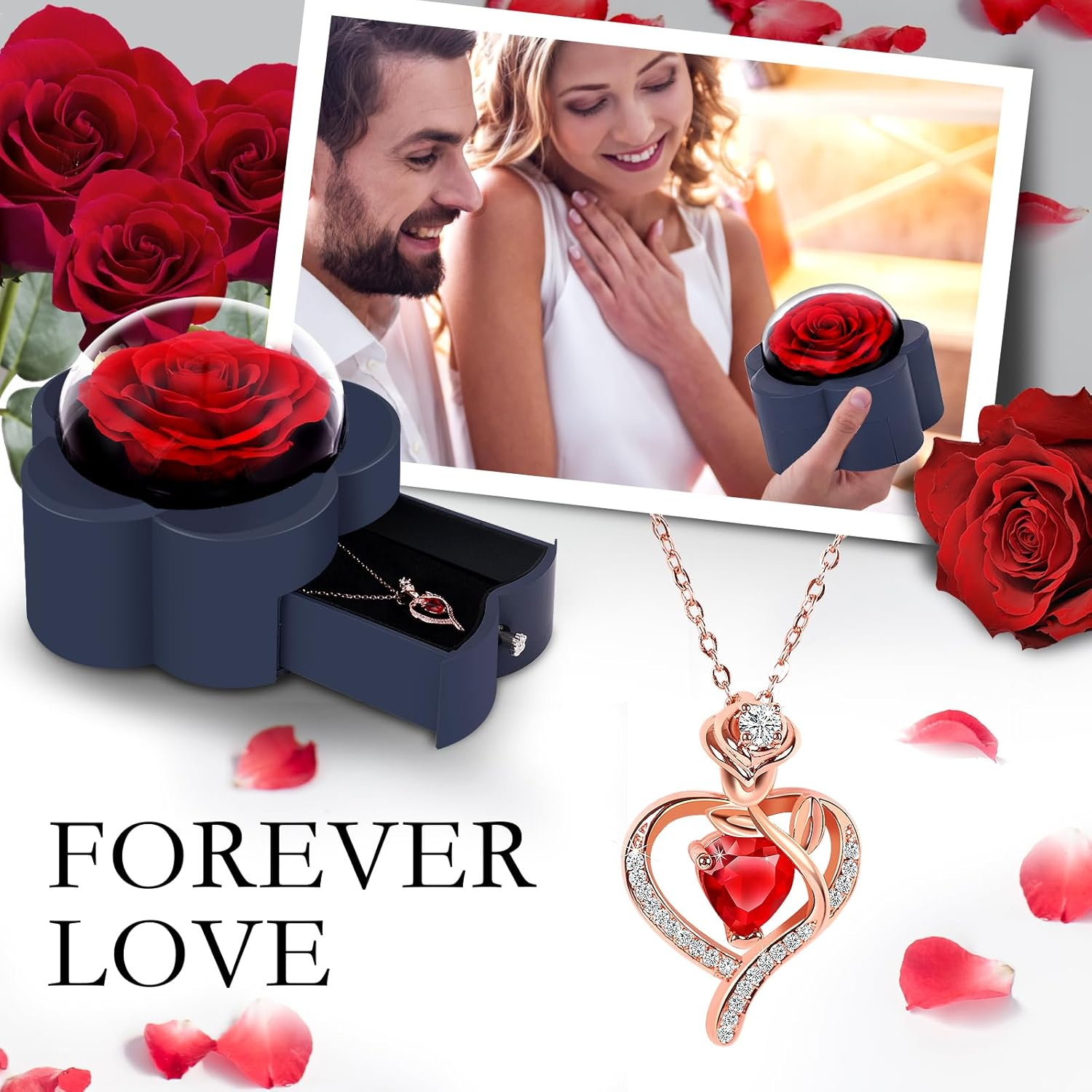 Preserved Rose with Heart Necklace Eternal Flower Gift for Mom Wife Girlfriend Women Perfect for Valentine'S Day Birthday Anniversary Mother'S Day Christmas Red Rose - Image 4