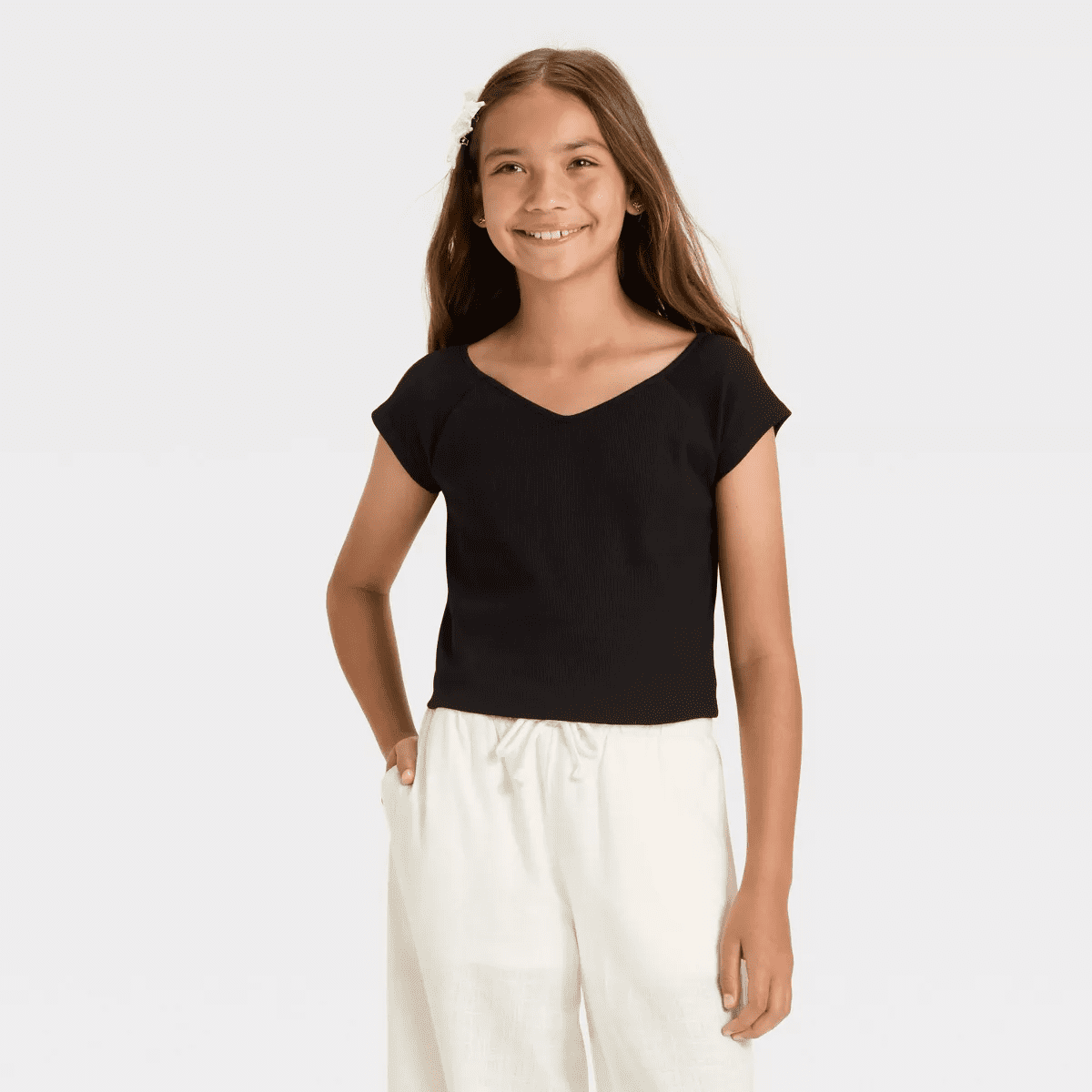 Girls' Short Sleeve V-Neck Ribbed T-Shirt - Art Class - Image 2