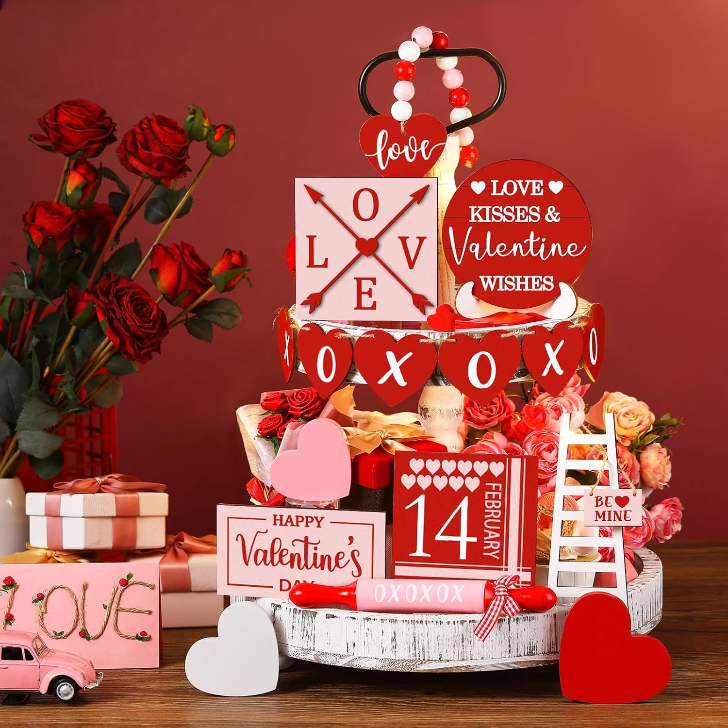 15 Pcs Tiered Tray Decor Set Red Heart Wooden Signs Table Decorations Farmhouse Decorative Trays Signs for Tabletop(Red, Pink) - Image 2
